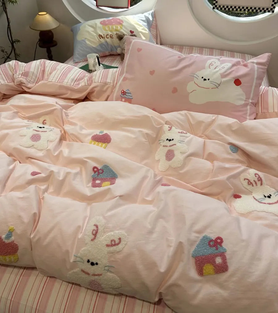 OKLULU  -  Cute Cartoon Embroidery Rabbit Cake Stripe Bedding Set Kid,twin Full Queen Cotton Home Textile Bed Sheet Pillow Case Quilt Cover