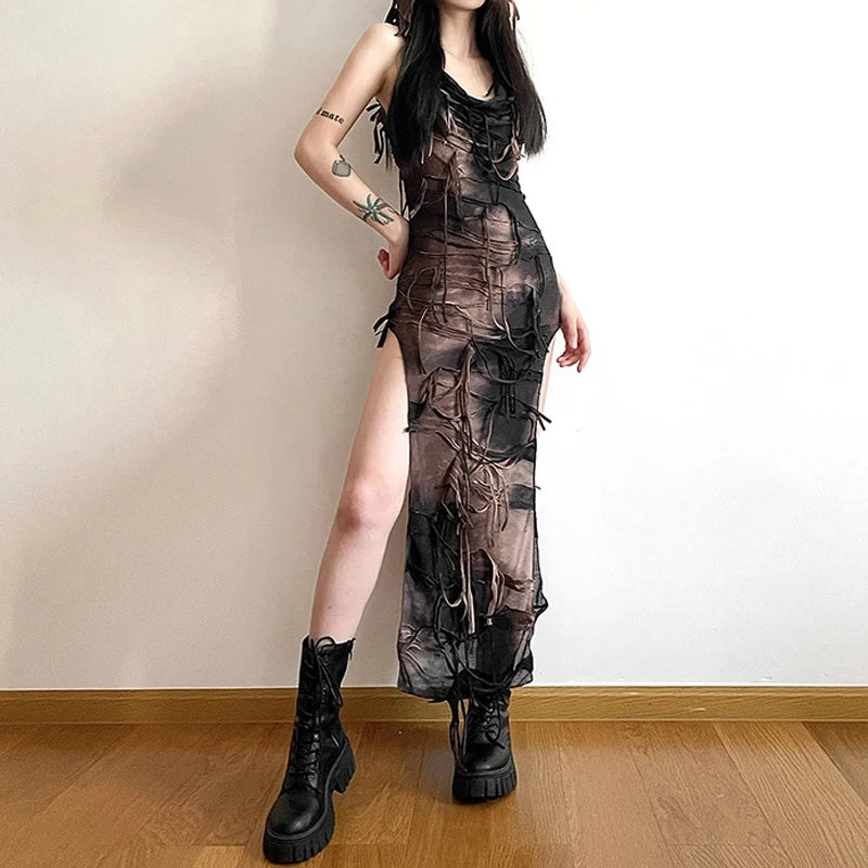 Tassel Vintage Gothic Hooded Midi Dresses Fairy Grunge Y2k Sexy High Split Dress Female Sleeveless Tie Dye Streetwear