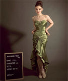 Oklulu Elegant Vintage Olive Green Prom Party Gown Celebrity Dresses Sweetheart Crystal Button Pleat Taffeta Satin Evening Dress