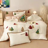 OKLULU  -  4Pcs Winter Berber Fleece and Milk Velvet Christmas Tree Embroidery Bedding Set Duvet Cover Bed Sheet Pillowcases Christmas Gift