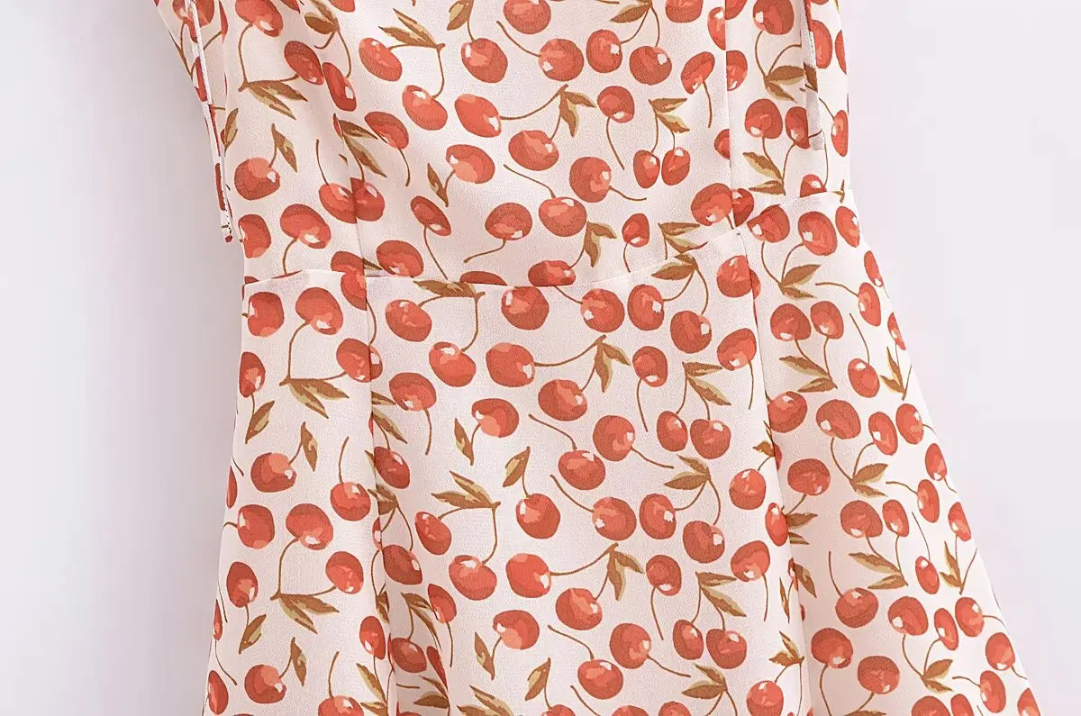 Oklulu  French Vintage Cherry Print Sling Dress Women Sexy Spaghetti Strap A-line Short Chiffon Summer Dress Holiday Robe