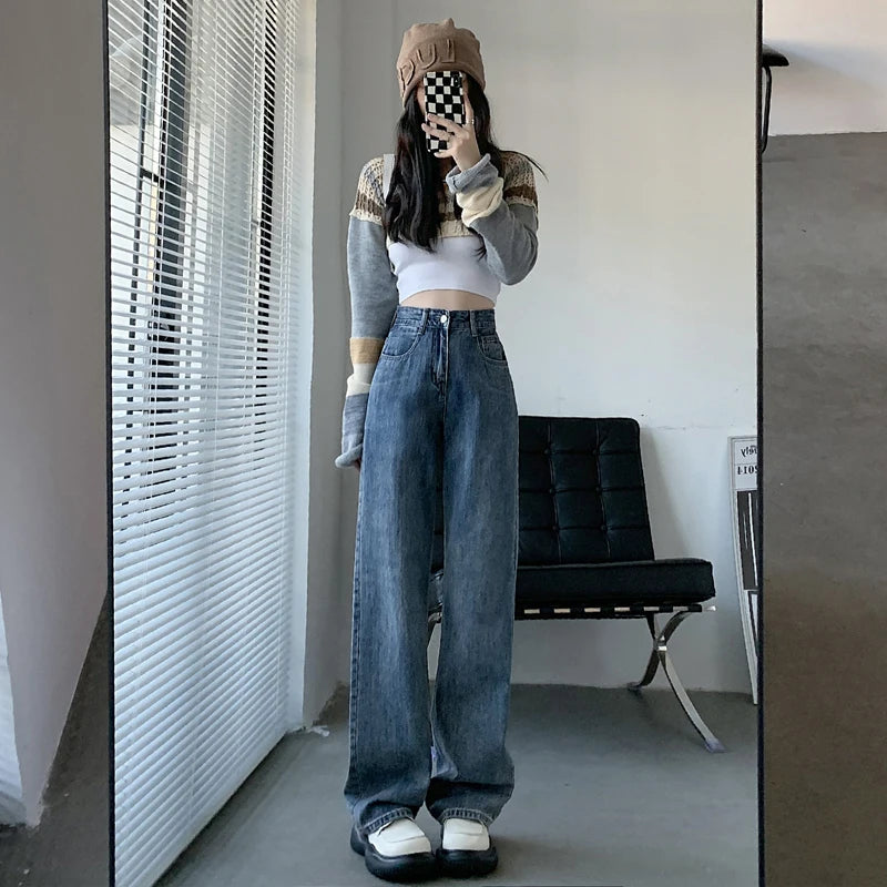 Oklulu  High Waiste Jeans Y2K Fashion Women Clothing Blue Black Straight Leg Denim Pants Trousers Mom Jean Baggy Trousers Tall