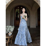 OKLULU  -  Blue Floral Suspender Dress Women's 2024 Summer New Holiday Female French Backless Long ElegAnd Party Korean Fashion Dresses.