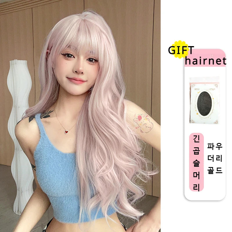 OKLULU  -  Shimmer Long Wave Pink Wig with Bangs Nature wavy Lolita Synthetic Wigs for Women Cosplay