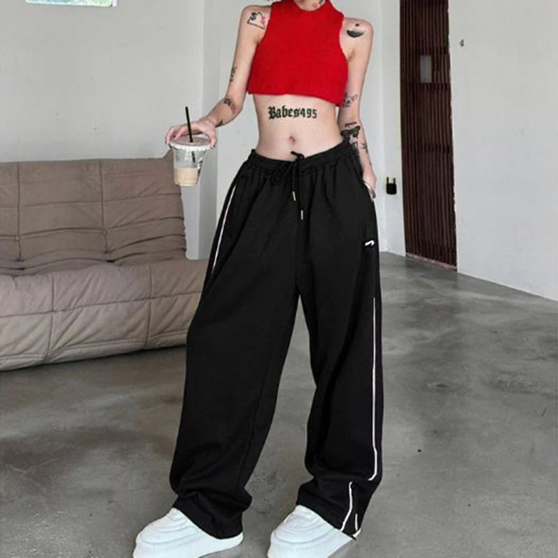 Oklulu  Vintage Baggy Jogging Striped Sweatpants Women Y2k Harajuku High Street Sport Pants Elastic Waist Straight Casual Trousers