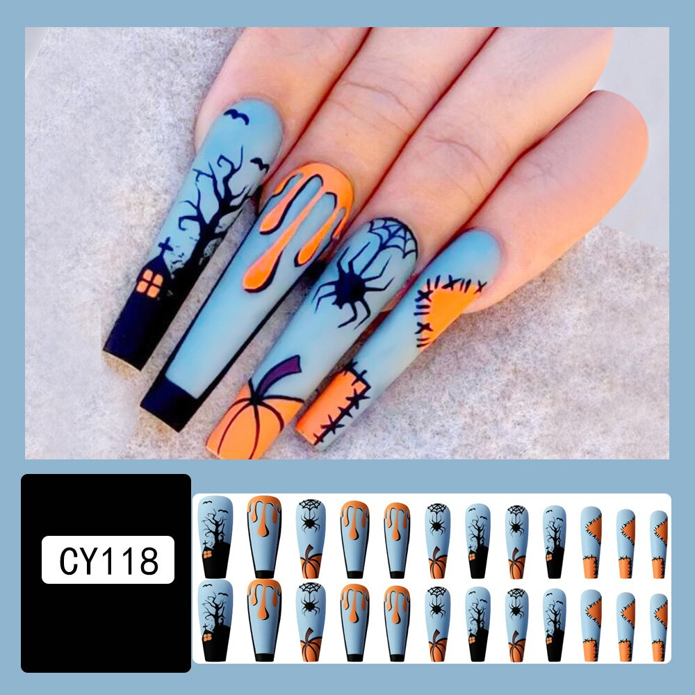 24Pcs Long Coffin False Nails Halloween Fire Designs Wearable French Ballerina Fake Nails Press On Full Cover Manicure Nail Tips