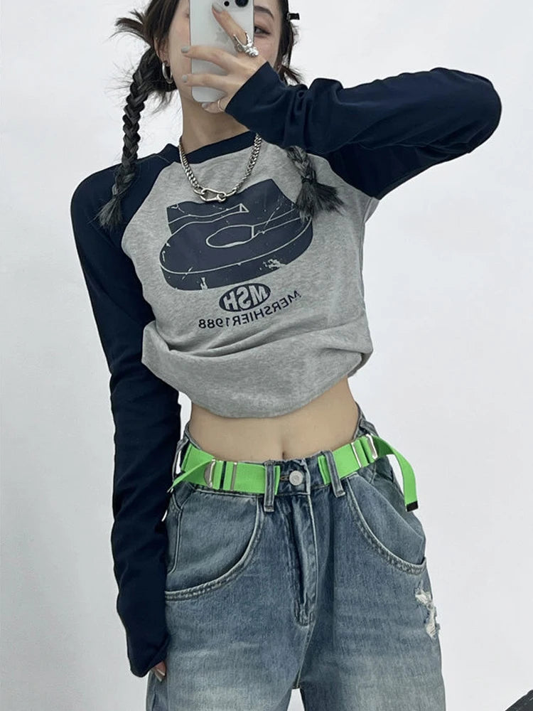 Oklulu Y2K Patchwork Tshirts Women Vintage Letter Crop Tops Female O Neck Long Sleeve Top Ladies Fashion Casual Slim Tees Spring Autumn