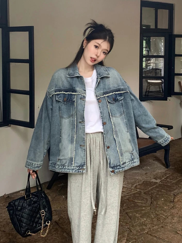 Oklulu Vintage Denim Jacket Women Autumn Washed Jean Coats Lady Korean Fashion Single Breasted Outerwear Casual Loose Jacket Streetwear