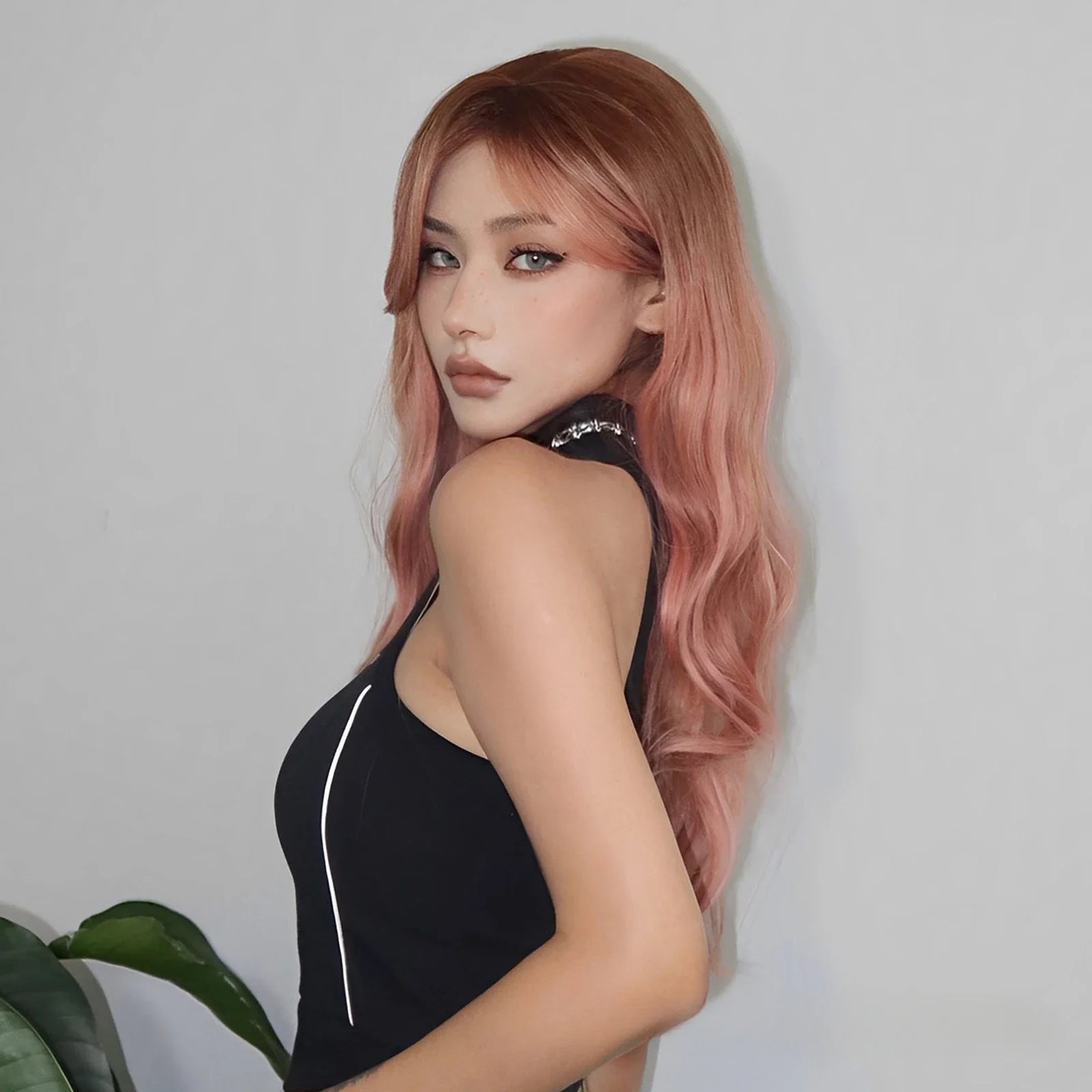 OKLULU  -  Long Body Wave Pink Cosplay wigs Heat Resistant Synthetic Wig Middle Part Natural daily use Lolita Wigs For Women