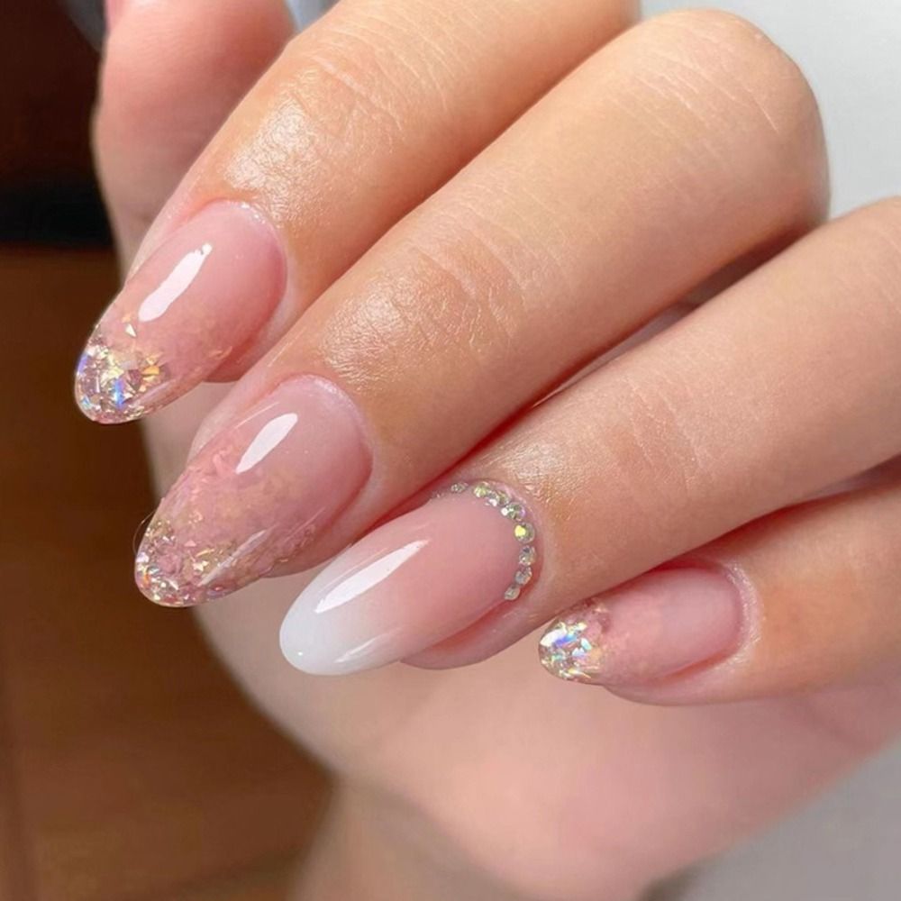 Oklulu 24Pcs Detachable Almond False Nails with Pearl Decoration Elegant Designs French Fake Nails Full Nail Art Tips Press On Nails