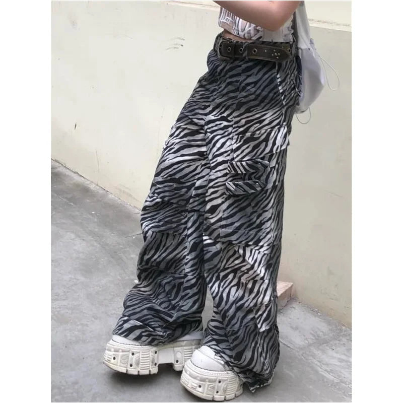 OKLULU  -  2024 Women's Casual Zebra print Gothic Jeans Vintage Aesthetic Emo Loose Washed Pants Y2K Wide Leg Punk Baggy Denim Trouser