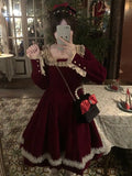 OKLULU  -  Women French Style Bow Lace Velvet Long Dress 2024 Autumn New Vintage Long Sleeve Temperament Princess Style Dresses