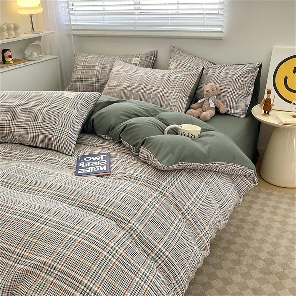 OKLULU  -  Japan Style Bedding Set Plaid Queen Size Duvet Cover Set With Sheets Bedroom Decor Skin Friendly King Single Double Bedding Sets