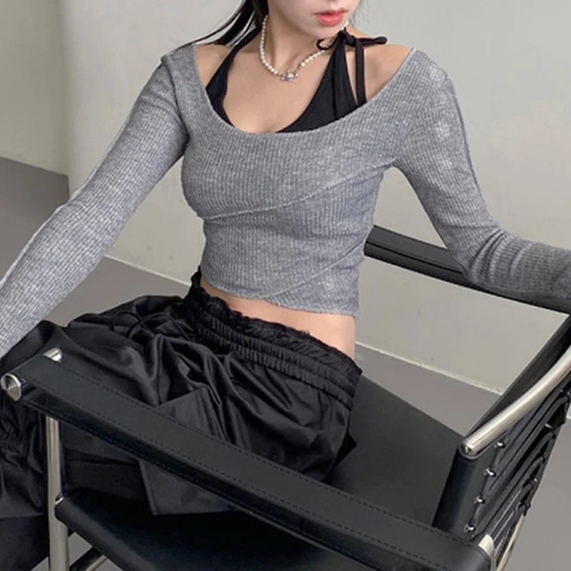 Oklulu Grey Patchwork Halter T Shirts Women Y2K Sexy Full Sleeve Basic Cropped Shirts Female Korean Stylish Harajuku Slim Ladies Tops