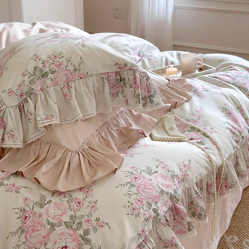 Luxury Vintage French Rose Flowers Print Lace Ruffles Bedding Set 1000TC Egyptian Cotton Duvet Cover Set Bed Sheet Pillowcases