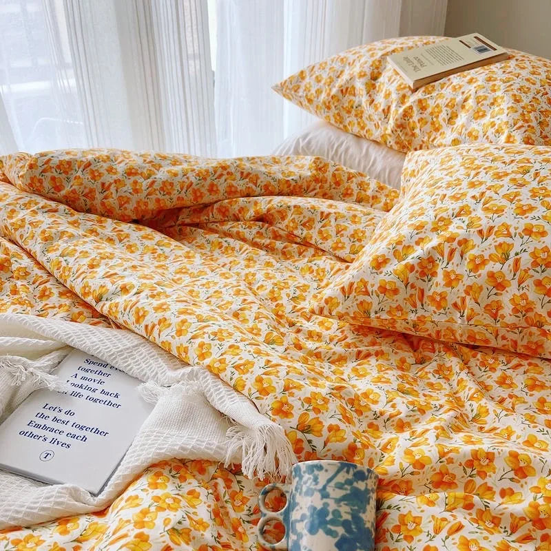 OKLULU  -  Vintage Orange Floral Four-Piece Set 100%Cotton  Bedding Sheet Quilt Cover Pillow Cover Soft  IG Fashion Garden Style