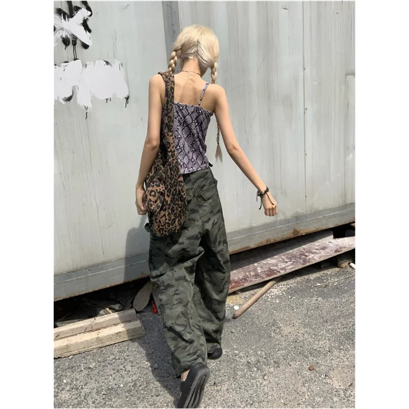 OKLULU  -  Green low Waist Women Overalls Camouflage American Fashion Loose Streetwear Style Wide Leg Female Trouser Baggy Straight Pants