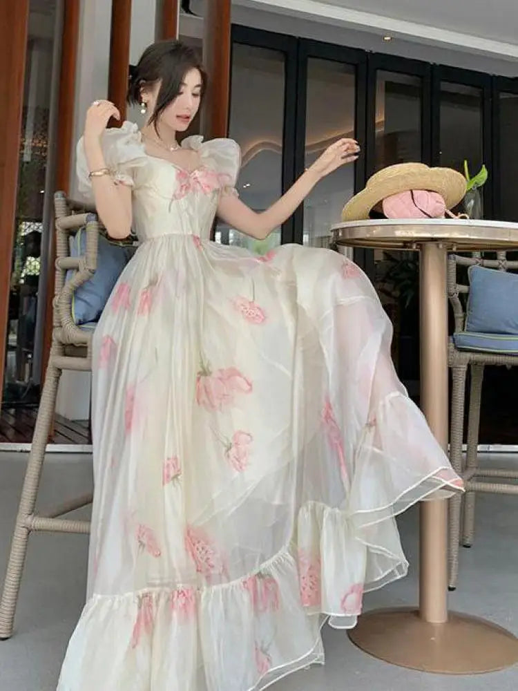 Vintage French Elegant Floral Ruffles Party Dresses Women Fashion Puff Sleeve Birthday A Line Princess Long Dress Sweet Vestidos