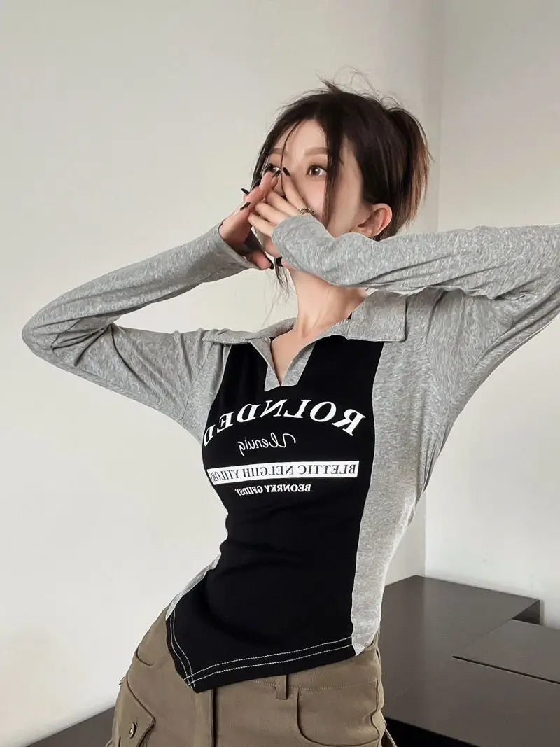 Oklulu Vintage Y2k T Shirts Women Harajuku Long Sleeve Kpop Tees Slim Irregular Aesthetic Top Korean Fashion Streetwear T-shirts