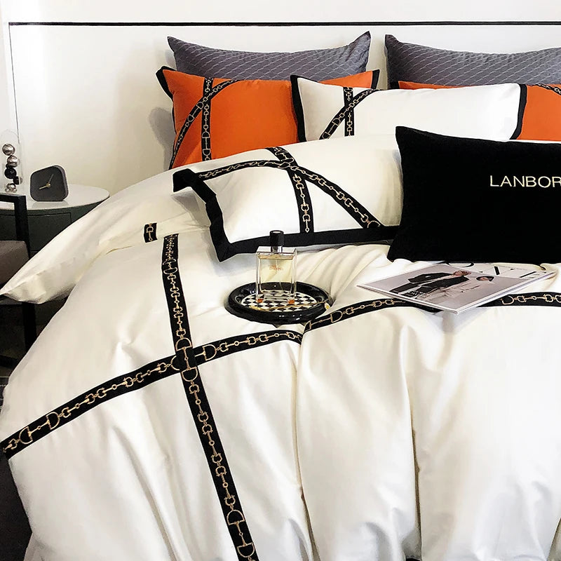 Black Gold Cross Patchwork Embroidery Bedding Set 1000TC Egyptian Cotton White Orange Duvet Cover Bed Sheet Pillowcases