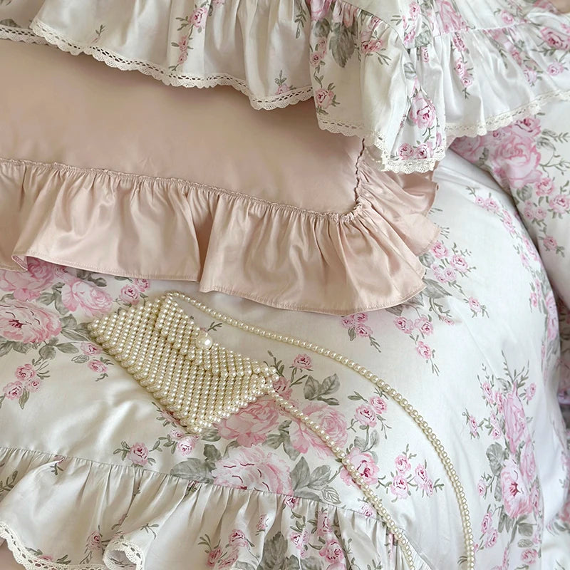 Luxury Vintage French Rose Flowers Print Lace Ruffles Bedding Set 1000TC Egyptian Cotton Duvet Cover Set Bed Sheet Pillowcases