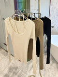 Oklulu Fake Two-Piece Halter Beige Sweater T-shirt Women's Spring 2024 New Long Sleeve Slim Tight Bottoming Sweater