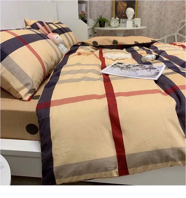 OKLULU  -  100%Cotton Bedding Set Luxury Brown Plaid Stripe Pattern Pillow Cover Sheet Quilt Cover Boys'/ girls' Bedroom Queen King Twin