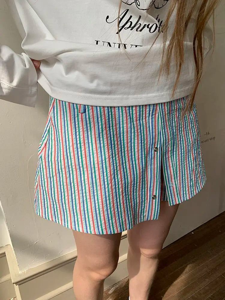 OKLULU  -  Summer Stripe Shorts Women Y2k Causal Baggy Low Waist Korean Straight Half Pants Streetwear Fashion Female Short Skirts