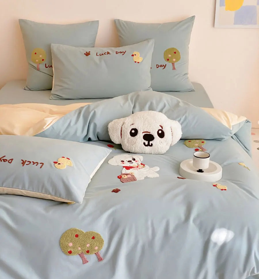 OKLULU  -  Fashion cute embroidery dog cat bear bed set 1.2 1.5 1.8,twin full queen cotton home textile bed sheet pillow case duvet cover