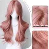 OKLULU  -  Pink Wig for Women Long Wavy Pink Lolita Cosplay Wig Sweet Nature Wave Headband Synthetic Wig