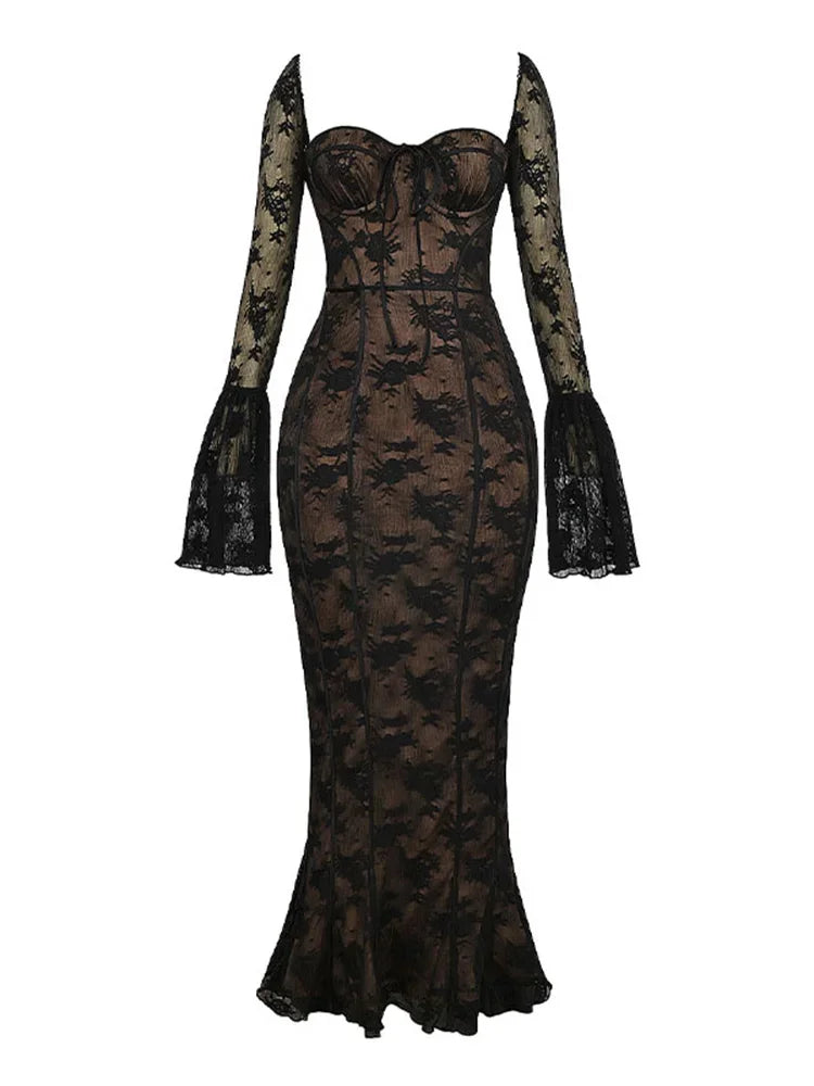 OKLULU  -  Elegant Black Lace Floral Printed Flare Sleeve Slim Fit Robes Women Gauze Fishtail Hem Lady Dresses 2024 Party Evening Gowns