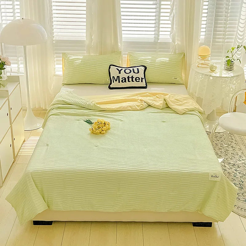 Oklulu New Korean Seersucker Washed Cotton Color Bed Sheet Summer Quilt Four-piece Double Bed Cooling Blanket