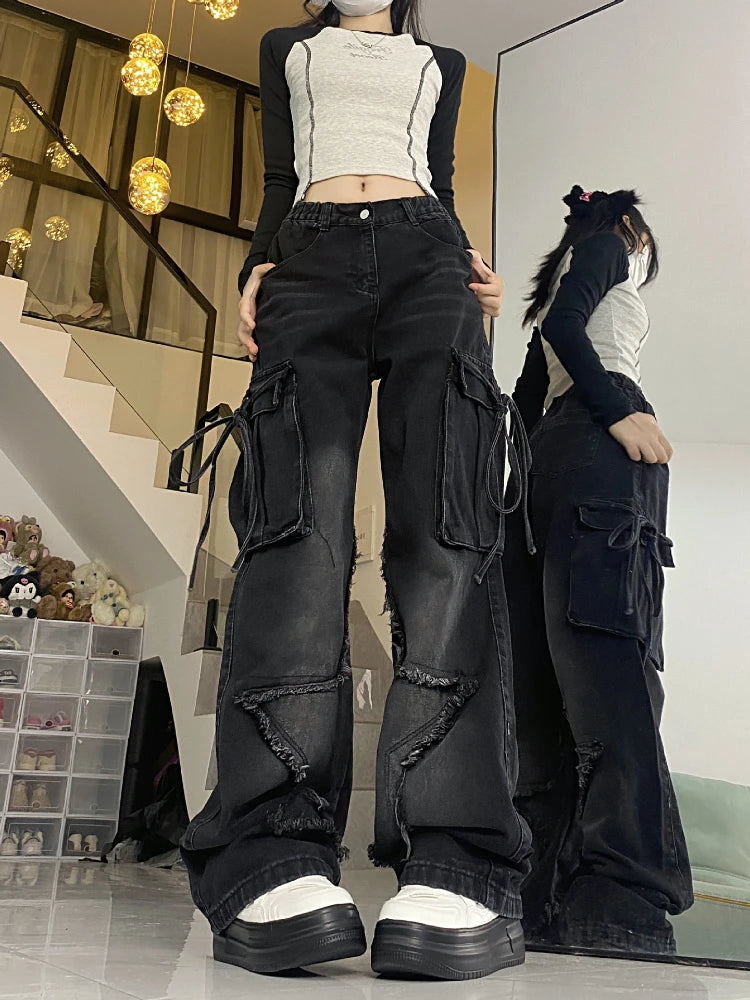 Oklulu Gothic Cargo Baggy Jeans Women Street wear Vintage Star Hip Hop Pants Punk Emo Harajuku Aesthetic Trousers Trashy Y2K 2000s