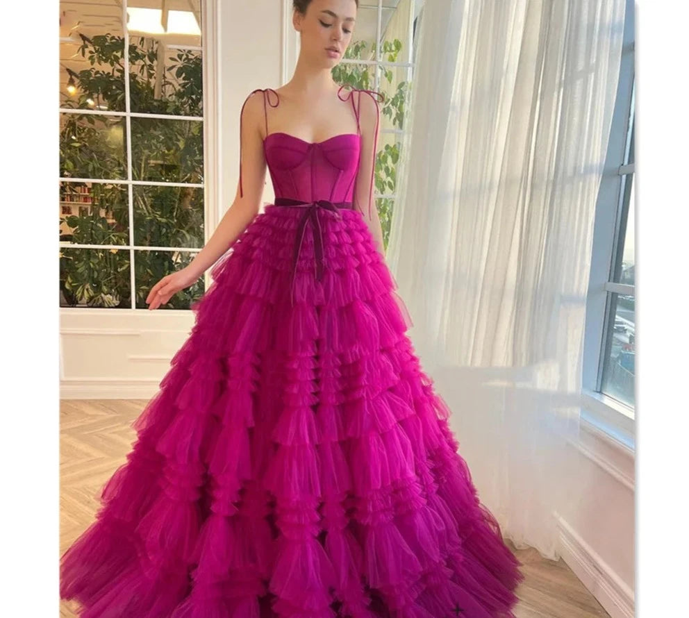 Rose Pink A-line Spaghetti Strap Party Dresses Multilayer Tulle Prom Dress Sweet Sleeveless Evening Dress