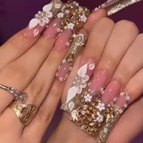 OKLULU  -  24Pcs Gold Flower False Nails Simple with Rhinestones French Design Wearable Fake Nails Full Cover Press on Nails Tips Art