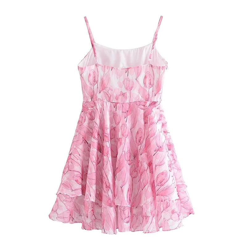 Oklulu  Sweet Women Pink Floral Print Sexy Sling Mini Dress Sleeveless Female A-line Mini Summer Dresses Holiday Robe