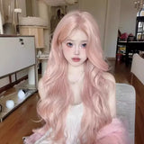 OKLULU  -  Pink Wig Long Wavy Lace Front Lolita Cosplay Wigs for Women Middle Part Hairline Natural Daily Party Wear Daily Synthetic Wig