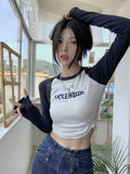 Oklulu Patchwork Long Sleeve Tshirt Women Embroidery Crop Top Female Fashion O Neck Sexy Slim Tees Top Spring Ladies Basic T-shirts Y2K