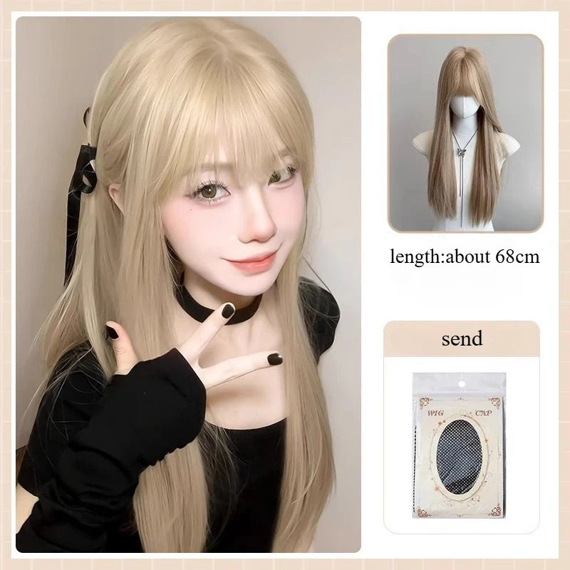 OKLULU  -  wigs Long Straight Synthetic Heat Resistant Blonde Wig with Bangs for Women daily wear Wigs for Cosplay Lolita Party Halloween