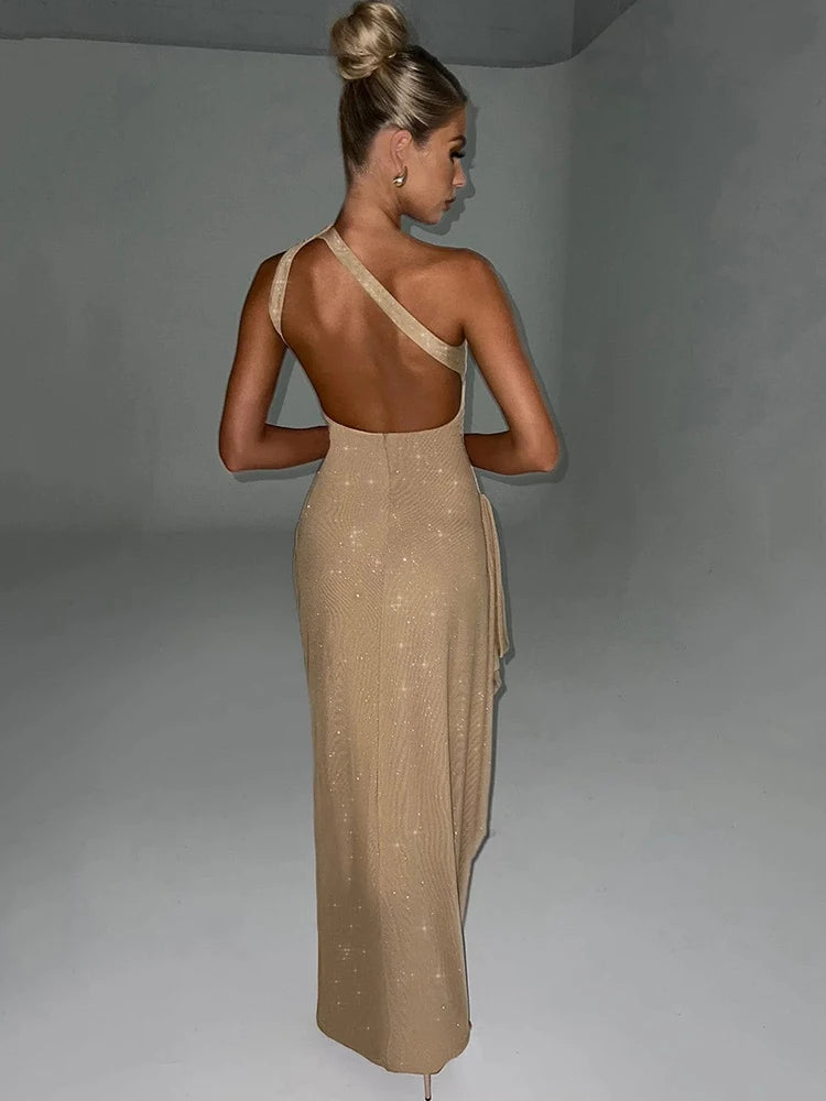 Fashion New One Shoulder High Split Dress Women Bodycon Shiny Backless Elegant Evening Dress Female Charming Party Club