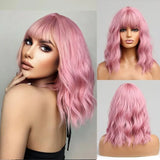 OKLULU  -  Short Pink Curly Wavy Synthetic Natural Hair wigs for Women Bob Straight Wig with Bangs High Temperature Daily Cosplay Party Wig