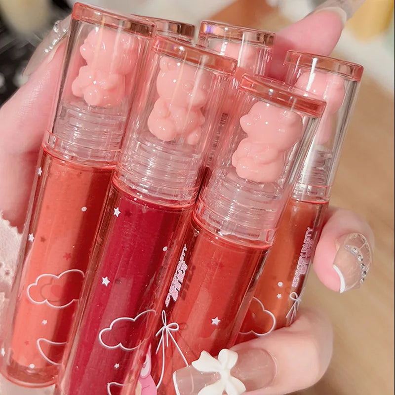 OKLULU  -  Liquid Lipstick Crystal Glossy Lip Glaze Mirror Cute Bear Lip Gloss Waterproof Transparent Nude Lip Girls Makeup Korean Makeup