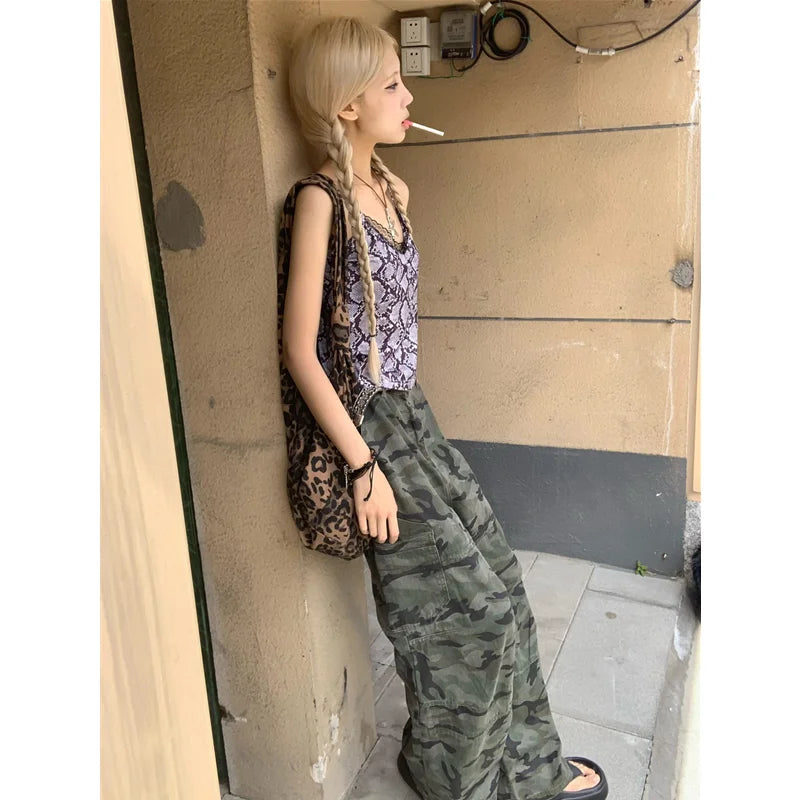 OKLULU  -  Green low Waist Women Overalls Camouflage American Fashion Loose Streetwear Style Wide Leg Female Trouser Baggy Straight Pants