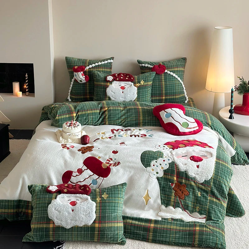 OKLULU  -  3/4Pcs Cute Santa Claus Embroidery Winter Warm Milk Velvet Bedding Set Single Duvet Cover Bed Sheet Pillowcases Christmas Gifts