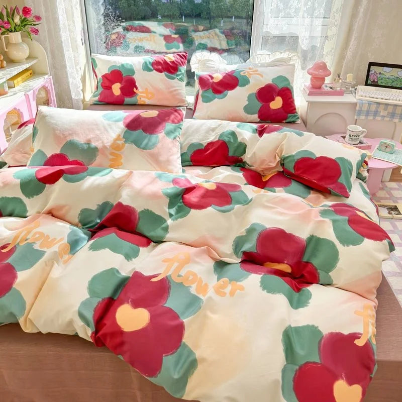 100% Cotton Flower Bedding Set Ins Flora Quilt Cover Bed Flat Fitted Sheet Set For Girls Woman Bedclothes Home Textiles