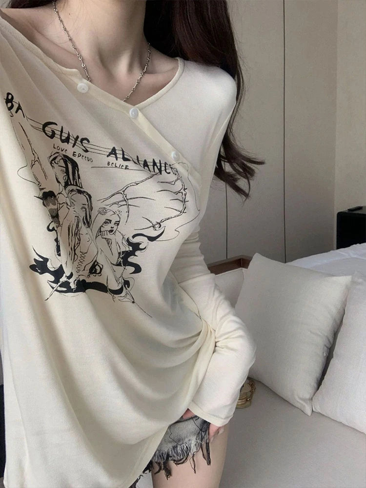 Oklulu Grunge T-shirt Women Sexy Off Shoulder Tops Ladies Graffiti Letter Print Tee Female Y2k Aesthetic Long Sleeve Tees Streetwear