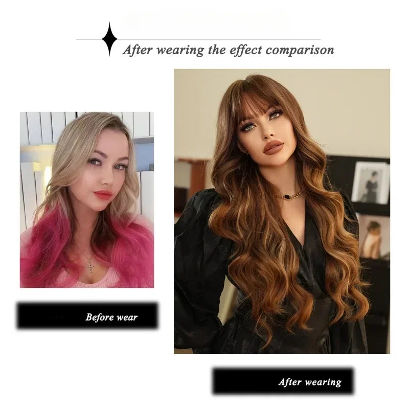 OKLULU  -  Ombre blond Long Wave with Bangs Curls Synthetic wigs For Women cosplay and party Wigs Middle Part Heat Resistant Synthetic Wig