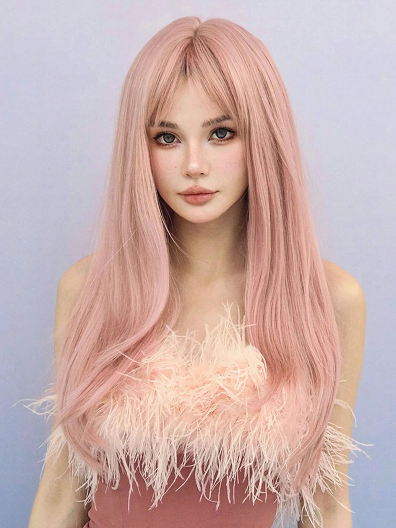 OKLULU  -  Shimmer Pink wig Long Straight Synthetic Wig With Bangs Natural Heat Resistant Fiber Hair Cosplay Party Wigs For Women Daily Use