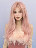 OKLULU  -  Shimmer Pink wig Long Straight Synthetic Wig With Bangs Natural Heat Resistant Fiber Hair Cosplay Party Wigs For Women Daily Use