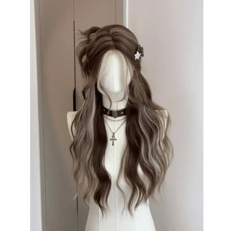 OKLULU  -  Long Water Wave wigs Cold brown Cosplay Wig for Women Daily Party Natural Soft Synthetic Hair Heat Resistant lace front wig